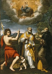 De Madonna van Loreto verschijnt aan St. Johannes de Doper, St. Eligius en St. Antonius Abt, ca. 1618-1620 door Domenichino