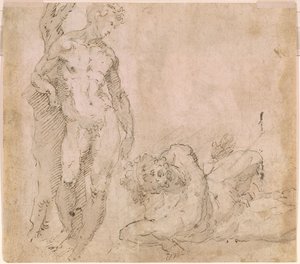 Beccafumi - Verso Mannelijk naakt leunend tegen een boomstam en een liggend mannelijk naakt met achterovergeworpen hoofd, ca. 1530-1540 door Domenico Beccafumi
