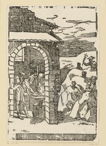 De roep van de metalen. Hephaistos (Vulcanus) en een geleerde staan bij het vuur van een smederij, terwijl buiten in de rotsen de goden (als vertegenwoordigers van de metalen) verborgen zitten: Saturnus (lood), Jupiter (tin), Venus (koper), Luna (zilver), 