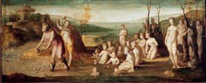 Deucalion en Pyrrha. Personages uit de Griekse mythologie die stenen gooien die mensen voortbrengen na de zondvloed