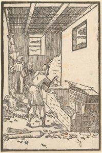 Na de mislukking wordt de vernielde oven afgebroken, blad 6 van de aflevering „De la Pirotechnia“ door Domenico Beccafumi