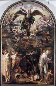 Sint Michaël verjaagt de opstandige engelen (De val van de opstandige engelen). Schilderij door Domenico Beccafumi (1486-1551)