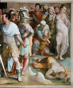 De moord op de rijke Romeinse plebejer Spurius Maelius (5e eeuw v.Chr.) Detail. Fresco door Domenico di Giacomo di Pace genaamd Beccafumi (1486-1551) 1529-1535 Siena, Palazzo Pubblico