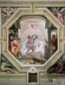 De onthoofding van Spurius Cassius Vecellinus of Viscellinus, geëxecuteerd door zijn vader omdat hij overwoog koning te worden in 485 v.Chr. Fresco door Domenico di Giacomo di Pace, genaamd Beccafumi (1486-1551) 1529-1535 Siena, Palazzo pubblico door Domenico Beccafumi