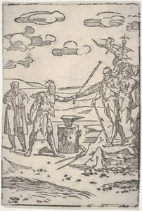 De vervalser die naast een aambeeld staat en een man in ketenen voorttrekt, uit „De verschillende bewerkingen van de alchemie“