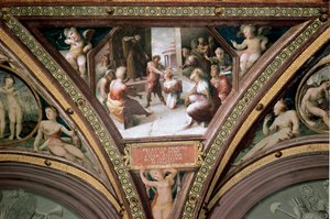 Het offer van Seleucos de Locres (Seleucus de Locride) Seleucos, nadat hij een oog aan zijn zoon had verloren, brengt een offer om het dragen van het verboden wapen in de Senaat te rechtvaardigen. Fresco door Domenico di Giacomo di Pace, genaamd Beccafumi  door Domenico Beccafumi