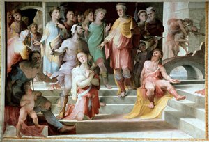 Het offer van Seleucos de Locres (Seleucus de Locride) Seleucos om zijn zoon te verblinden, om hem te straffen voor een verkrachting die hij had gepleegd, verkiest een van zijn ogen te sterven. Fresco door Domenico di Giacomo di Pace genaamd Beccafumi (148