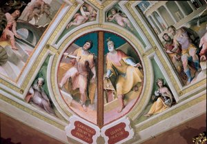 De Griekse wetgever Charondas (7e eeuw v.Chr.) steekt een zwaard in de borst en de Romeinse pretor Celius Fresco door Domenico Beccafumi (1486-1551)