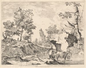 Landschap met herderin en kudde bij een waterplaats door Domenico Bernardo Zilotti