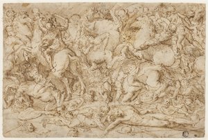 Gevechtsscène met paarden en mannen door Domenico Campagnola