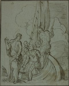 Christus loopt op het water, Petrus volgt door Domenico Campagnola