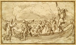 Christus en St. Peter lopend op het water door Domenico Campagnola