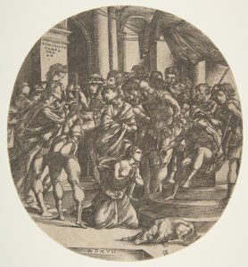 Vrouwelijke figuur Sint Catharina knielend op de grond in het midden smekend tot een mannelijke figuur, 1517 door Domenico Campagnola