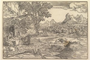 Landschap met Sint Hiëronymus links kijkend naar leeuw en beer vechtend in het midden... door Domenico Campagnola