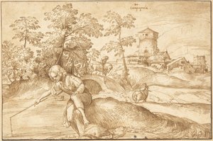 Landschap met een Jongen die Vist door Domenico Campagnola