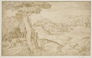 Landschap met een stad en een slapende herder door Domenico Campagnola
