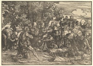 Maria zittend onder bomen met baby, geflankeerd door Jozef links en St. Hiëronymus rechts, St..., 1517. door Domenico Campagnola