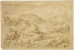 Rivierlandschap met Sint Rochus en een Kind Reizend met Hond door Domenico Campagnola