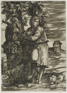 Herder en Oude Krijger door Domenico Campagnola