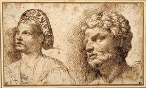 Studie van het hoofd en de schouders van een jonge vrouw met een balza, en van het hoofd van een bebaarde man door Domenico Campagnola
