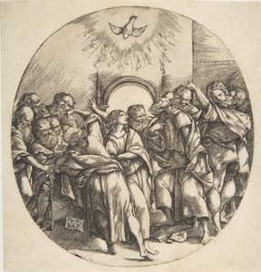 De Heilige Geest als een vogel die neerdaalt met gespreide vleugels bovenaan, de twaalf apostelen, 1518 door Domenico Campagnola