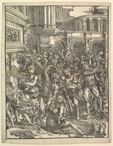 De Slachting van de Onschuldigen Rechterkant met groep mannelijke figuren die vrouwen aanvallen door Domenico Campagnola
