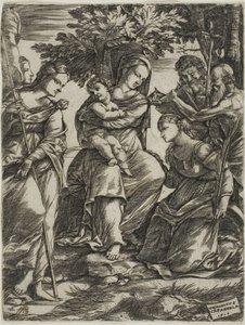 Maagd en Kind met Heiligen door Domenico Campagnola