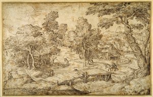 Bosrijk landschap met een boerderij en een houten brug over een sluis door Domenico Campagnola