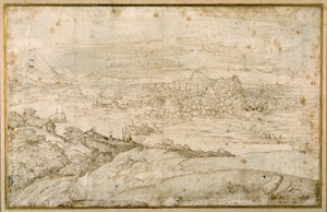 Bosrijk landschap met een kronkelende rivier; in de verte een stad, een mengeling van torenspitsen en koepels met antieke ruïnes