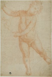 Putto geposeerd op rechterbeen (recto); schets van een gedrapeerde arm (verso)
