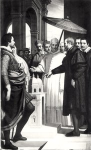 Michelangelo presenteert een model van de koepel van de Sint-Pietersbasiliek aan paus Paulus IV door Domenico Cresti