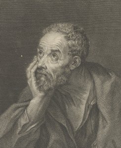 Een oude bebaarde man die zijn hoofd op zijn rechterhand rust en naar links omhoog kijkt door Domenico Cunego