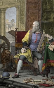 Voorstelling van de schilder, beeldhouwer Leonardo da Vinci (1452-1519) in zijn atelier. Gravure door Domenico Cunego (1726-1803)