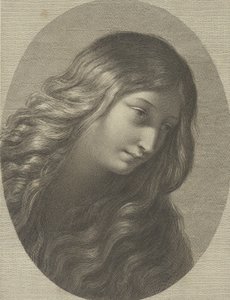 Het hoofd van Maria Magdalena, naar beneden kijkend naar rechts, in een ovaal kader, naar Ren... door Domenico Cunego