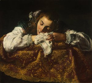 Slapend meisje door Domenico Fetti or Feti