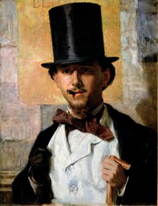 Portret van de Italiaanse schilder Bernardo Celentano (1835-1863) Elegante man met hoge hoed en pak, vlinderdas, wandelstok en handschoen