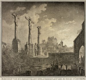 Sint-Janskerkhof met uitzicht op de stad Neurenberg, uit de collectie gedenkwaardige middeleeuwse gebouwen in Duitsland