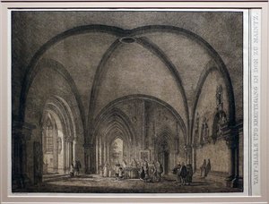 Domenico quaglio II, doopvont en kloostergang van de Dom van Mainz, uit de collectie gedenkwaardige middeleeuwse gebouwen in Duitsland, 1823, litho door Domenico Quaglio the Younger