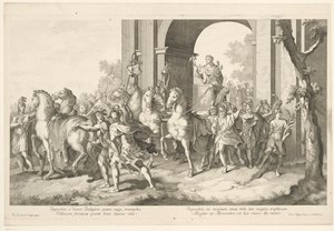 Militaire stoet met Alexander de Grote op triomfwagen (Triomftocht van Alexander de Grote in Babylon) door Domenico Rossetti