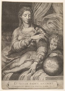 Madonna van de Roos, ze reikt naar een roos die door het Christuskind wordt vastgehouden