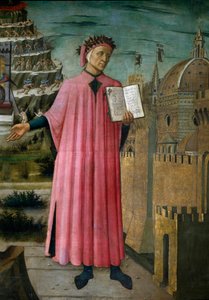 De Italiaanse dichter Dante Alighieri (1265-1321) presenteert zijn werk La divina commedia. Detail. Fresco door Domenico di Michelino (1417-1491), Kathedraal Santa Maria del Fiore, Florence. (Duomo, Firenze) Italië door Domenico di Michelino
