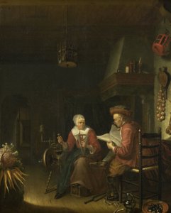 Interieur met een man die leest en een vrouw die garen spint door Domenicus van Tol