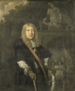 Portret van een officier van de Leidse burgerwacht voor de poort van het hoofdkwartier van de St. Joriswacht