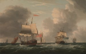 Een Engelse dubbeldekker met andere schepen in een frisse bries door Dominic Serres