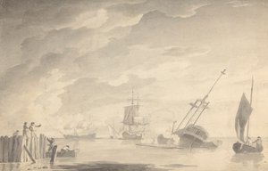 Gevechtsscène, Drie Slagschepen, Eén Zinkend; Figuren Links in Roeiboot en Staande Pier door Dominic Serres