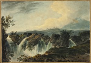 Kamelenkaravaan steekt vliegtuig over boven waterval