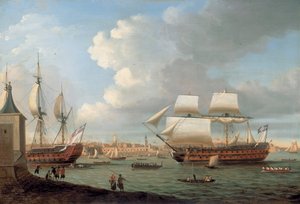 Foudroyant en Pégase varen de haven van Portsmouth binnen, 1782 door Dominic Serres