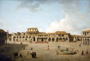 Havana Square (Cuba), augustus en september 1762, onder Britse bezetting met een troep soldaten in rode uniformen, beschrijving van de gebouwen en enkele Engelse zeelieden bij de fontein