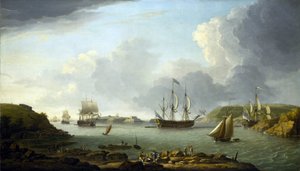 Terugkeer van een vloot naar Plymouth (Engeland), beschrijving van de stad en de baai, inclusief Drake Island en Edgcumbe Mountain