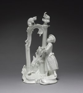 Beeld van een meisje met kat, gemaakt door Nymphenburg Porseleinfabriek, ca. 1770 (porselein) door Dominicus (attr. to) Auliczek